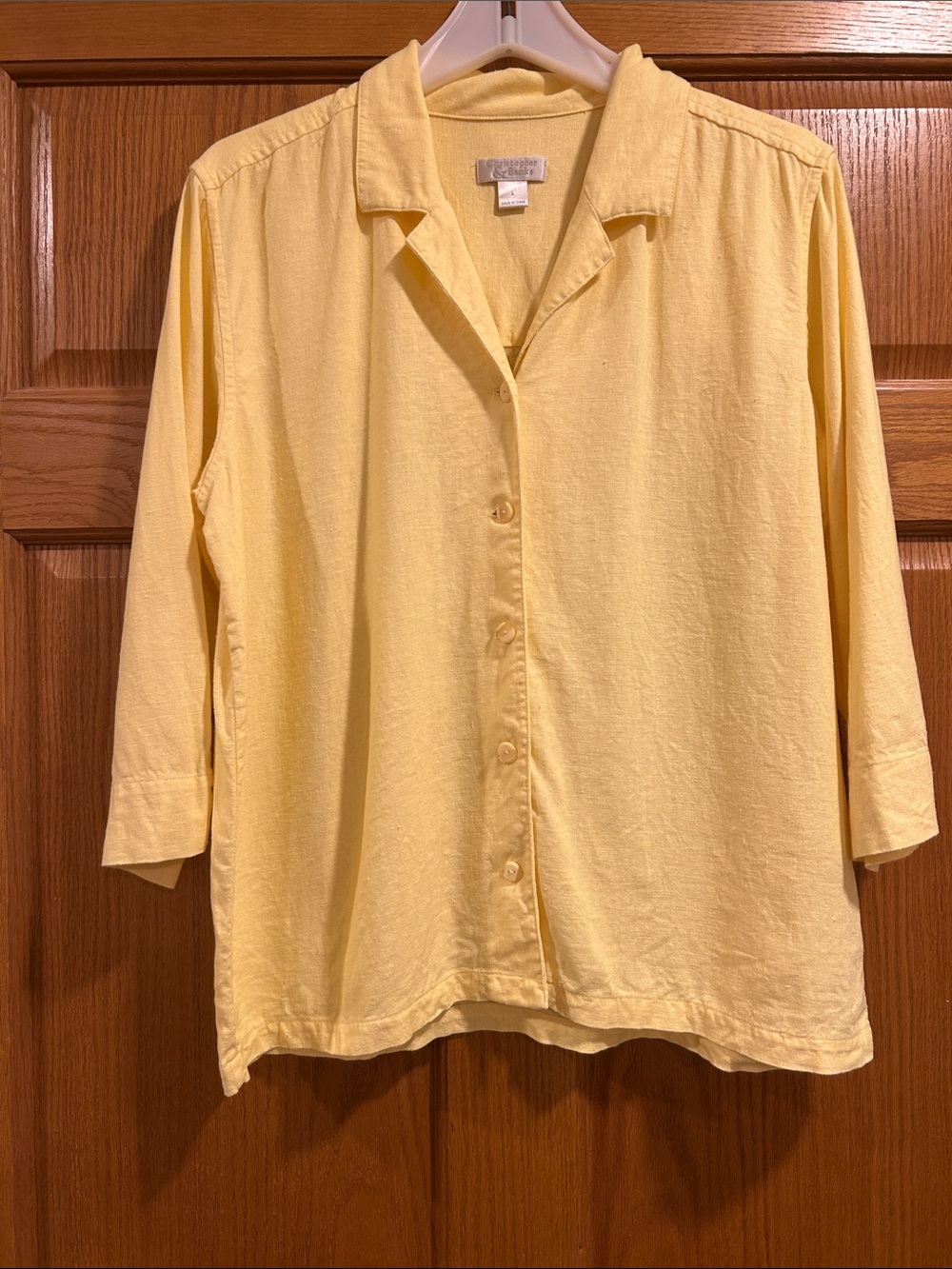 Linen Christopher & Banks Light Yellow Button-Front Blouse 3/4 Sleeve Size Large